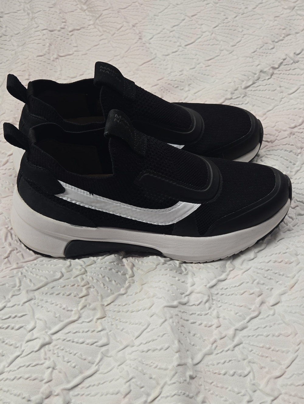 Mark Nason Black and White Slip-On Knit Sneakers
